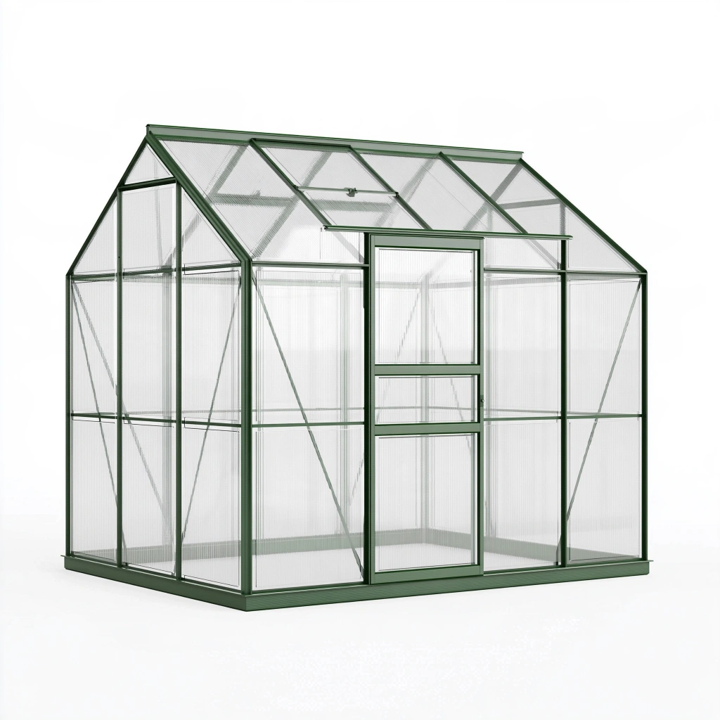 Gewächshaus 250 x 190 x 195 cm aus Aluminium und Polycarbonat Grün mit Schiebetür und Dachfenster