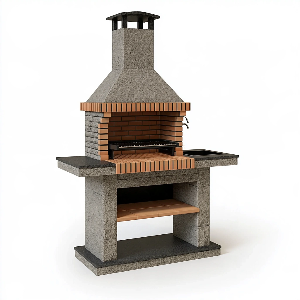 Grillkamin 160 x 70 x 250 cm aus Beton Ziegel und Metall in Grau Braun Schwarz mit Grillrost