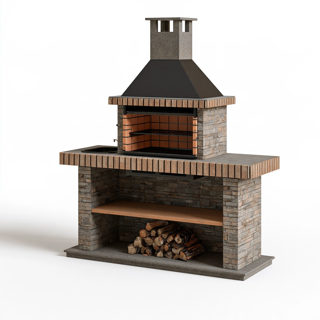 Gartengrillkamin 220 x 80 x 250 cm aus Stein und Stahl in Grau Schwarz mit Grillrost und Holzfach