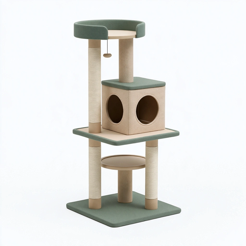 Kratzbaum 60 x 60 x 150 cm Beige Grün mit Sisalstämmen Katzenhöhle Liegeflächen und Spielball