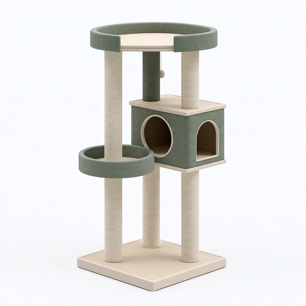 Katzenkratzbaum 60 x 60 x 150 cm Grün Beige mit Sisalstämmen Höhle und Liegeflächen