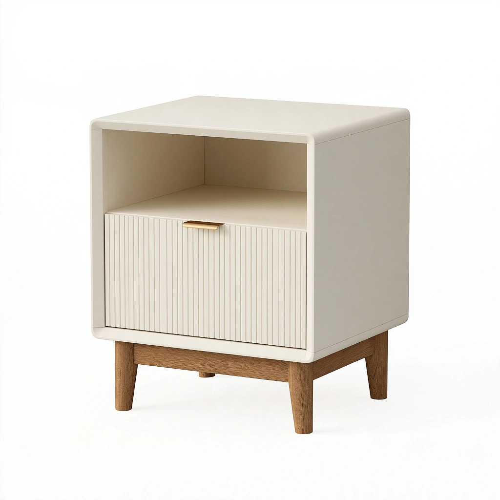 Nachttisch 45 x 40 x 60 cm aus Holzwerkstoff in Creme mit Holzbeinen im skandinavischen Stil