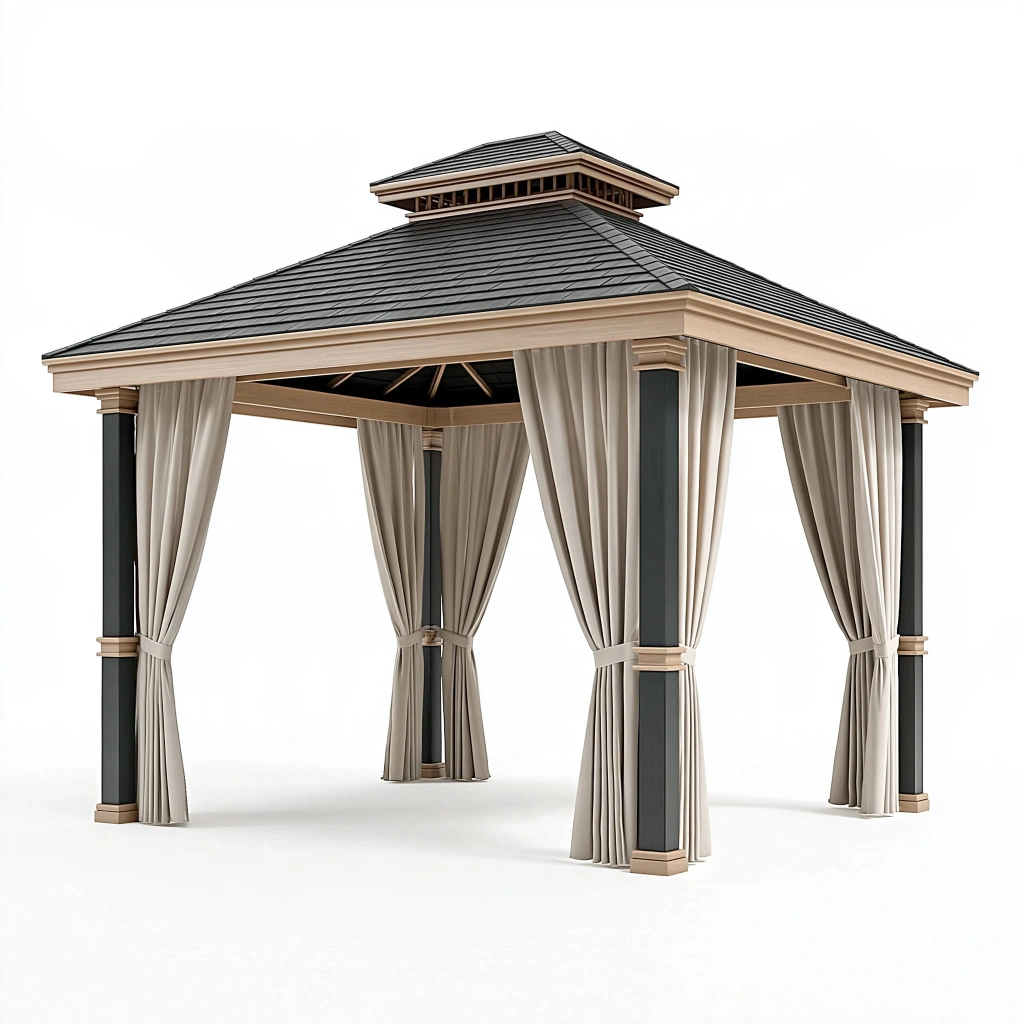 Gartenpavillon 300 x 300 cm Aluminium Textil Beige Anthrazit mit Vorhängen und Doppeldach