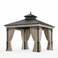 Gartenpavillon 300 x 300 x 320 cm Metall Schwarz Beige mit Vorhängen klassisch