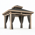 Pavillon 400 x 300 cm Holz Beige Anthrazit mit Vorhängen und Walmdach