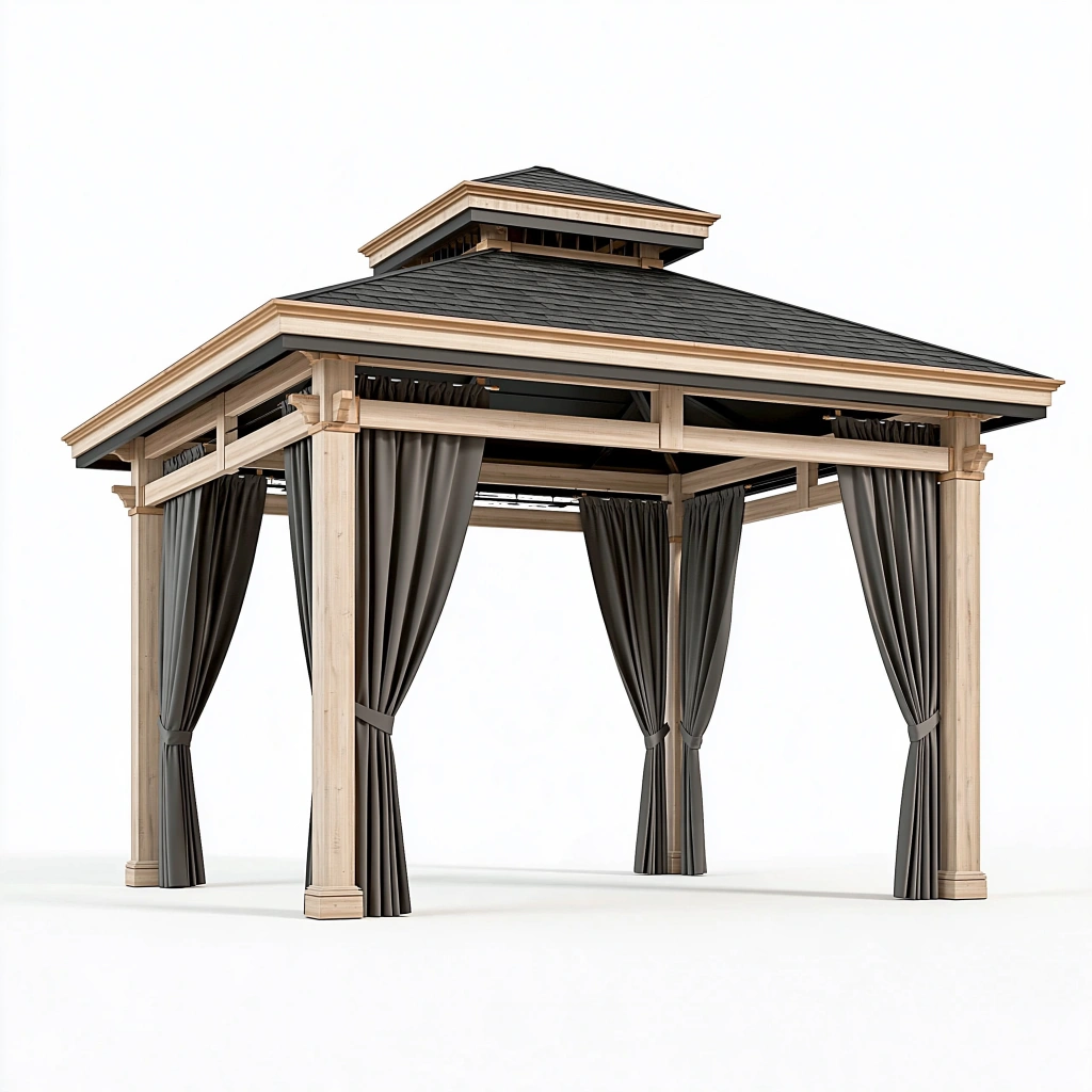 Pavillon 400 x 300 cm Holz Beige Anthrazit mit Vorhängen und Walmdach