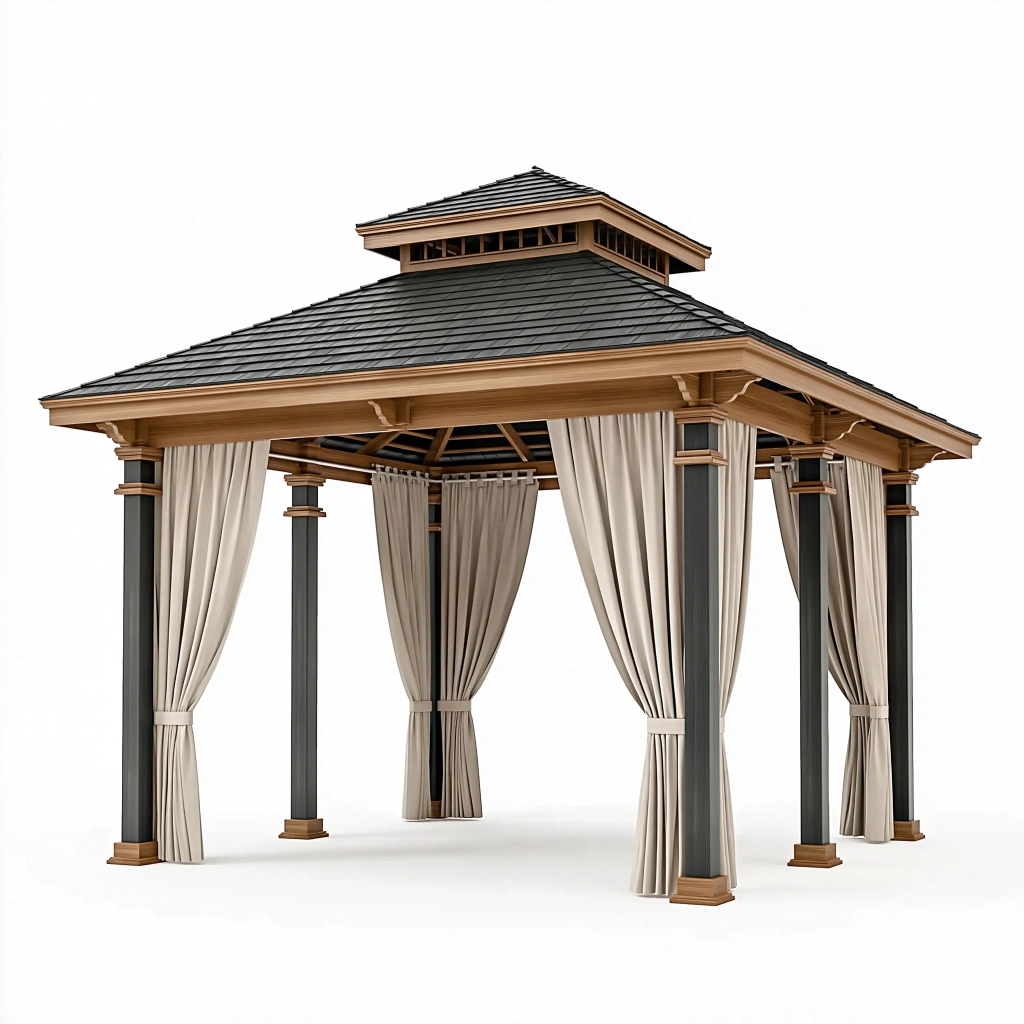 Pavillon 400 x 400 cm Metall und Textil Beige Anthrazit mit Vorhängen für Garten